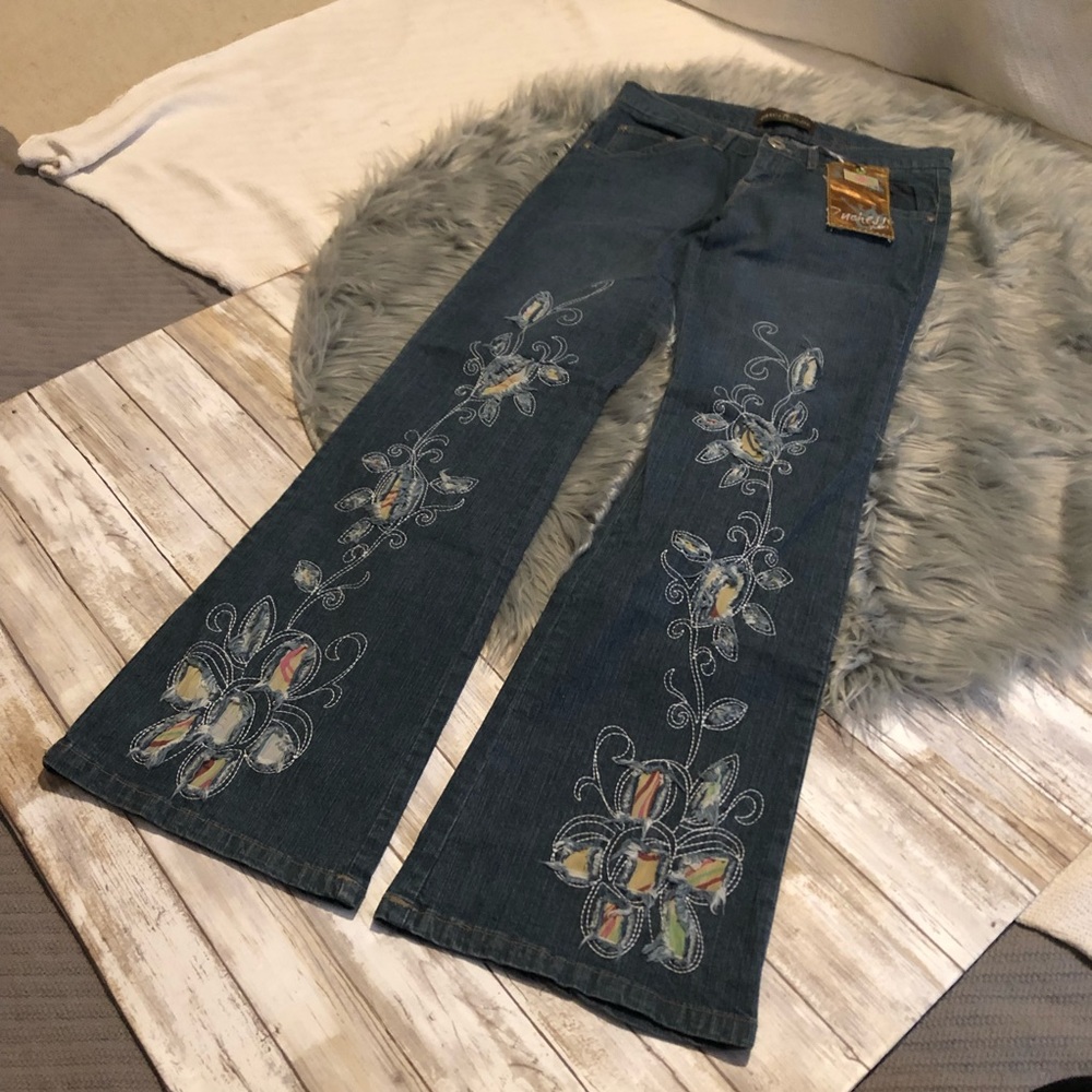 Duchesse embroidered flare jeans, size 4
